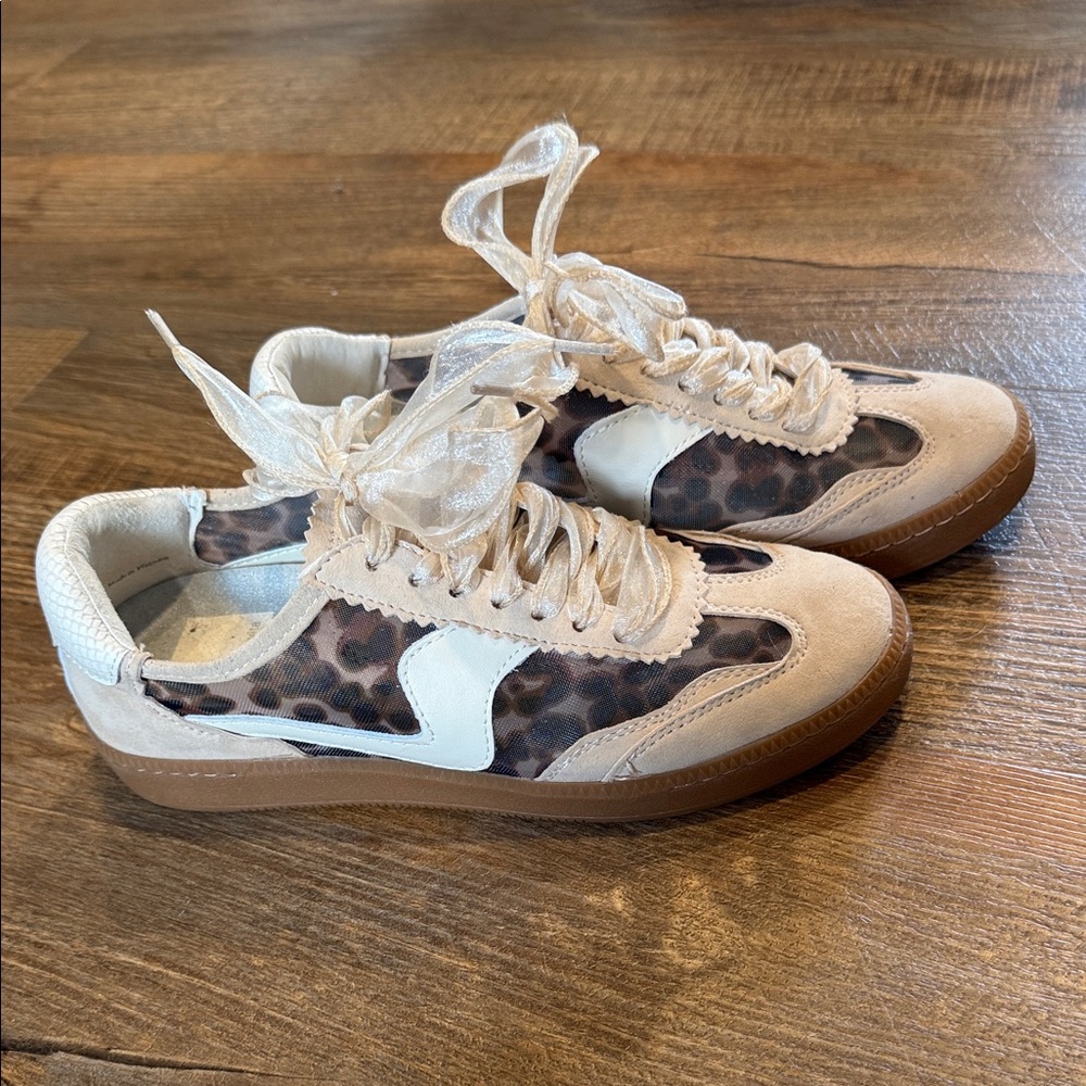 Dolce Vita Cream and Brown sneakers with sheer Leopard print sides
